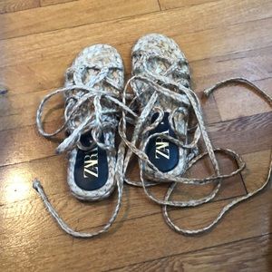 Zara ankle tie raffia sandals size 38